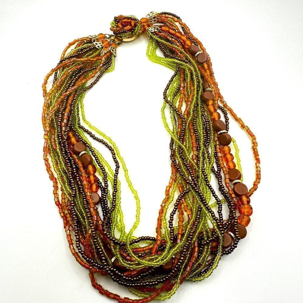 15" Vintage Signed Japan multi strand glass, glass seed bead and wood necklace!